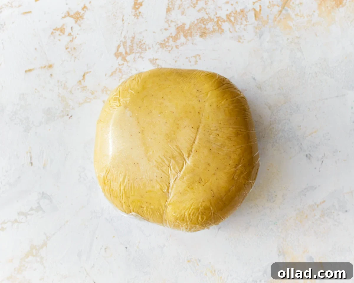 A perfectly kneaded ball of gluten-free egg noodle dough, snugly wrapped in plastic wrap and left to rest.