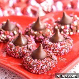 Gluten-free chocolate kiss cookies arranged on a festive plate, showcasing their rich chocolate base, colorful sprinkles, and iconic Hershey's Kiss centers.