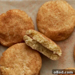 Soft gluten-free snickerdoodle cookies on parchment paper, with one cookie broken in half to show the fluffy, tender inside and cinnamon sugar coating.