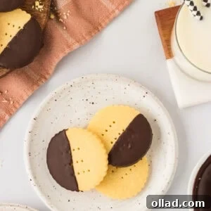 Two chocolate-dipped gluten-free shortbread cookies on a speckled plate next to a glass of milk with striped paper straws, perfect for serving.