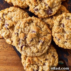 overhead view of gluten-free oatmeal cookies on a cutting board.