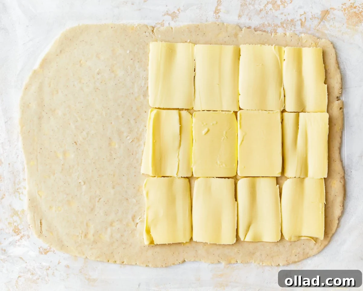 Unbelievably Flaky Gluten-Free Puff Pastry 11 Thin slices of cold butter arranged evenly over two-thirds of the rolled-out gluten-free puff pastry dough.