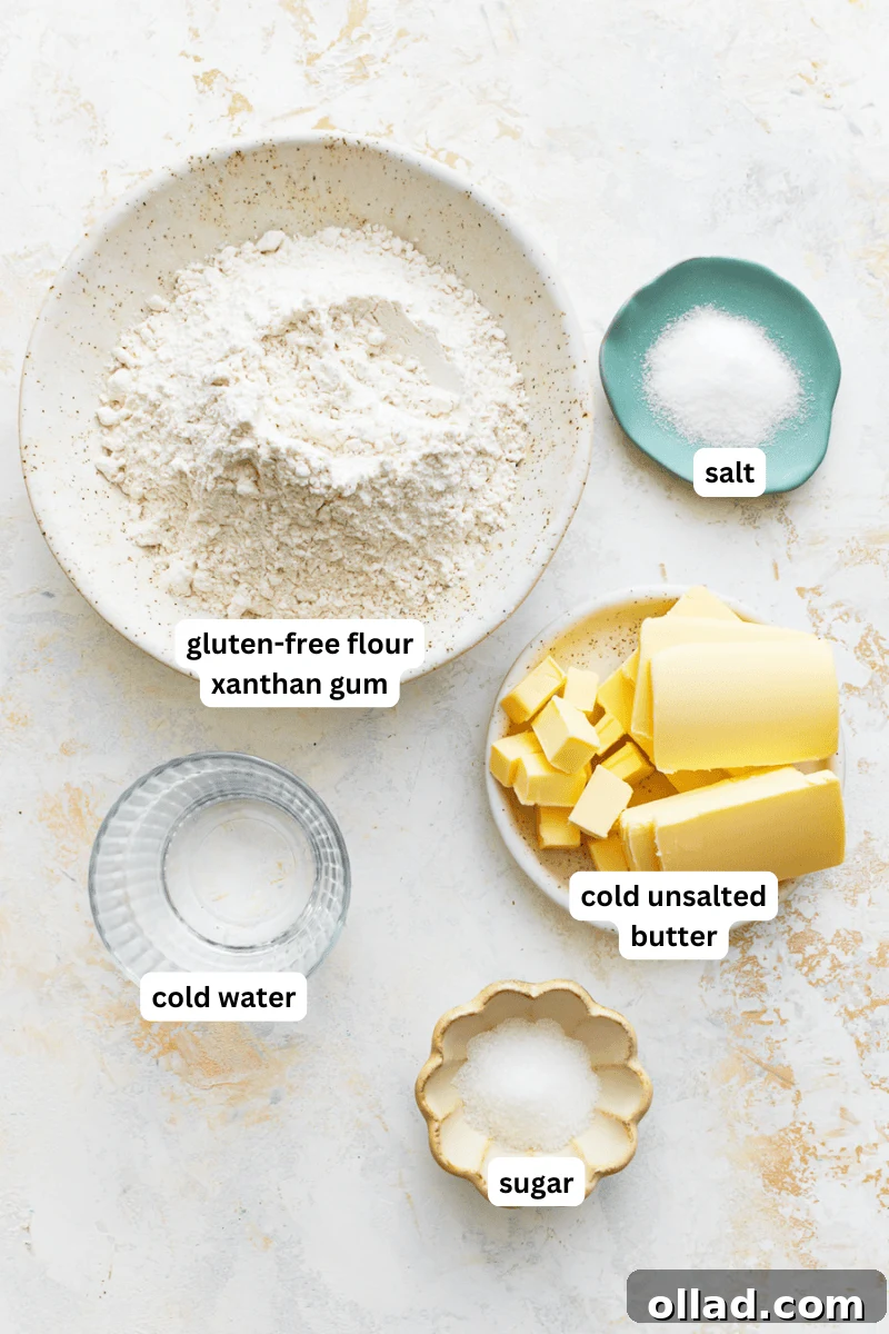 Unbelievably Flaky Gluten-Free Puff Pastry 4 All the necessary ingredients for homemade gluten-free puff pastry laid out on a clean surface.