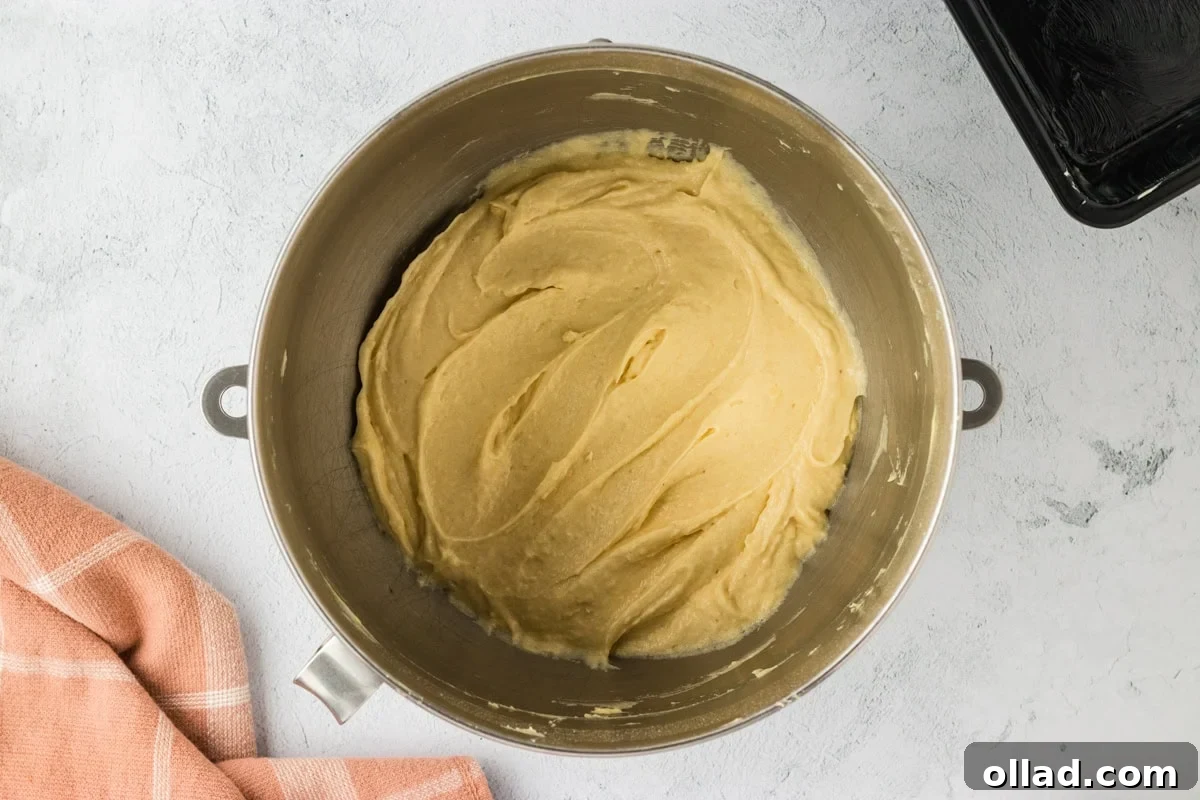 Fluffy Gluten-Free Brioche 11 Gluten-free brioche batter mixed until smooth in a mixing bowl.