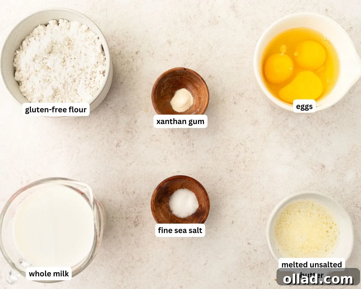 A collection of ingredients neatly arranged for gluten-free popovers, including flour, eggs, milk, and butter.