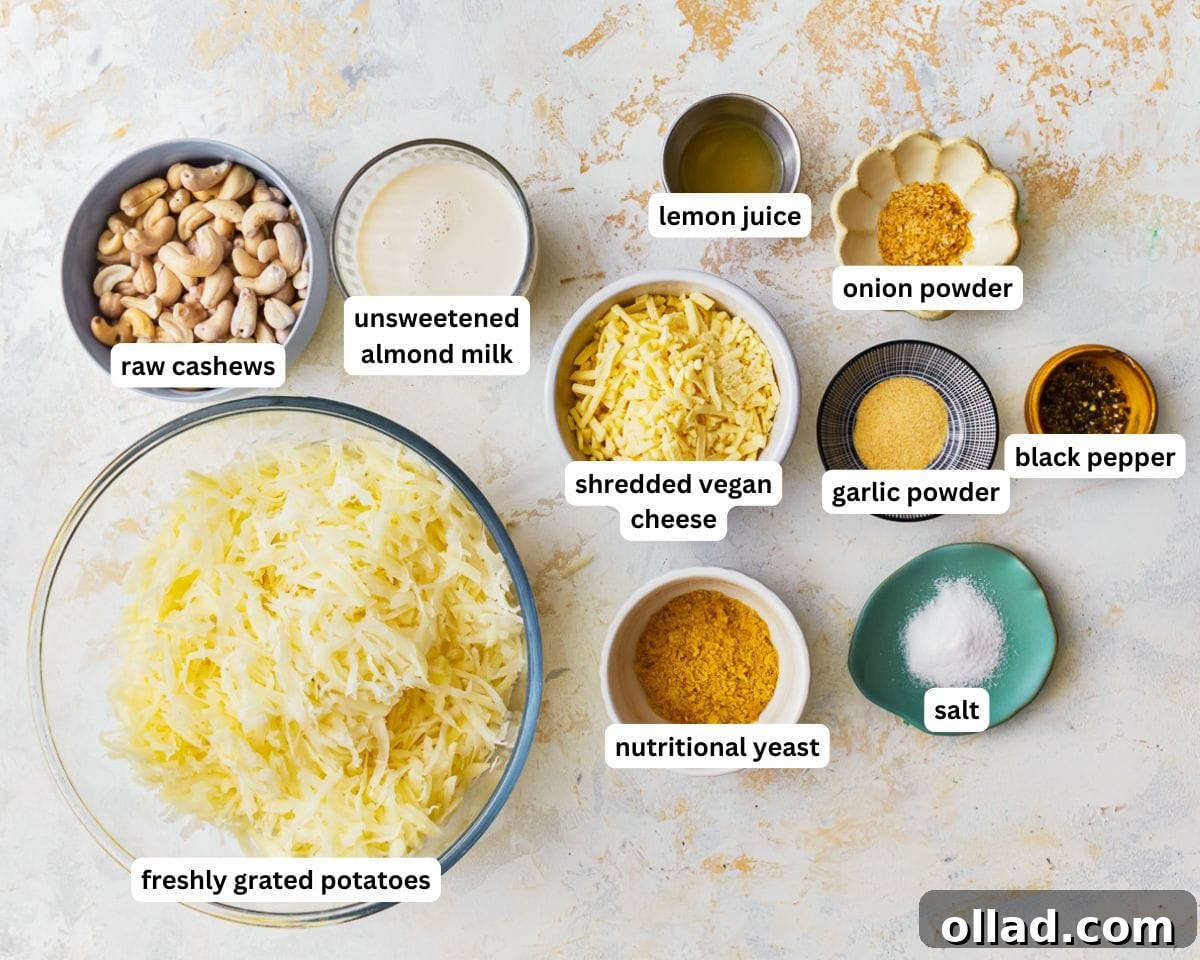 Ingredients for dairy-free cheesy potatoes.