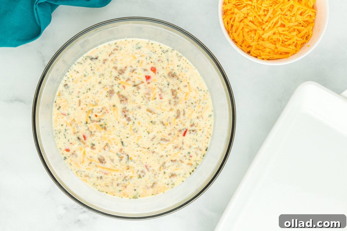 sausage casserole filling in glass bowl