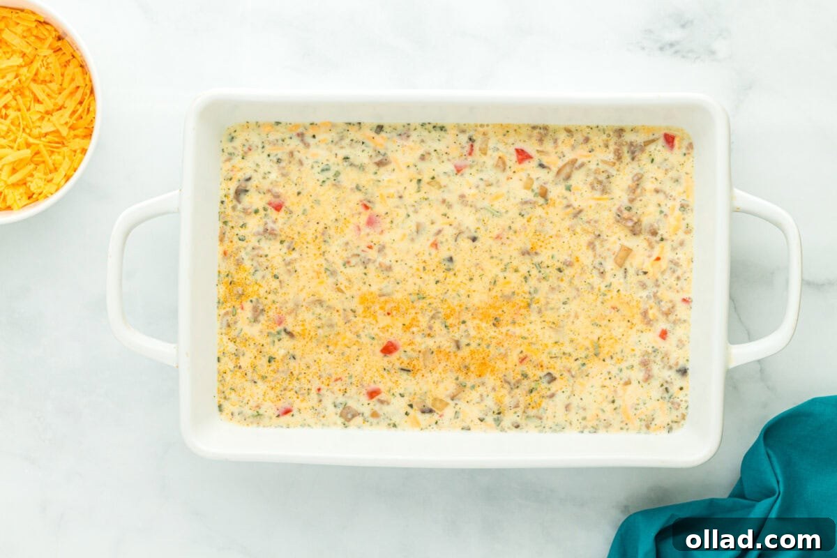 overhead view of uncooked casserole