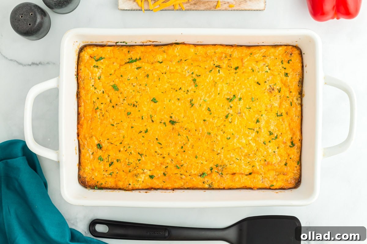 overhead view of sausage casserole baked