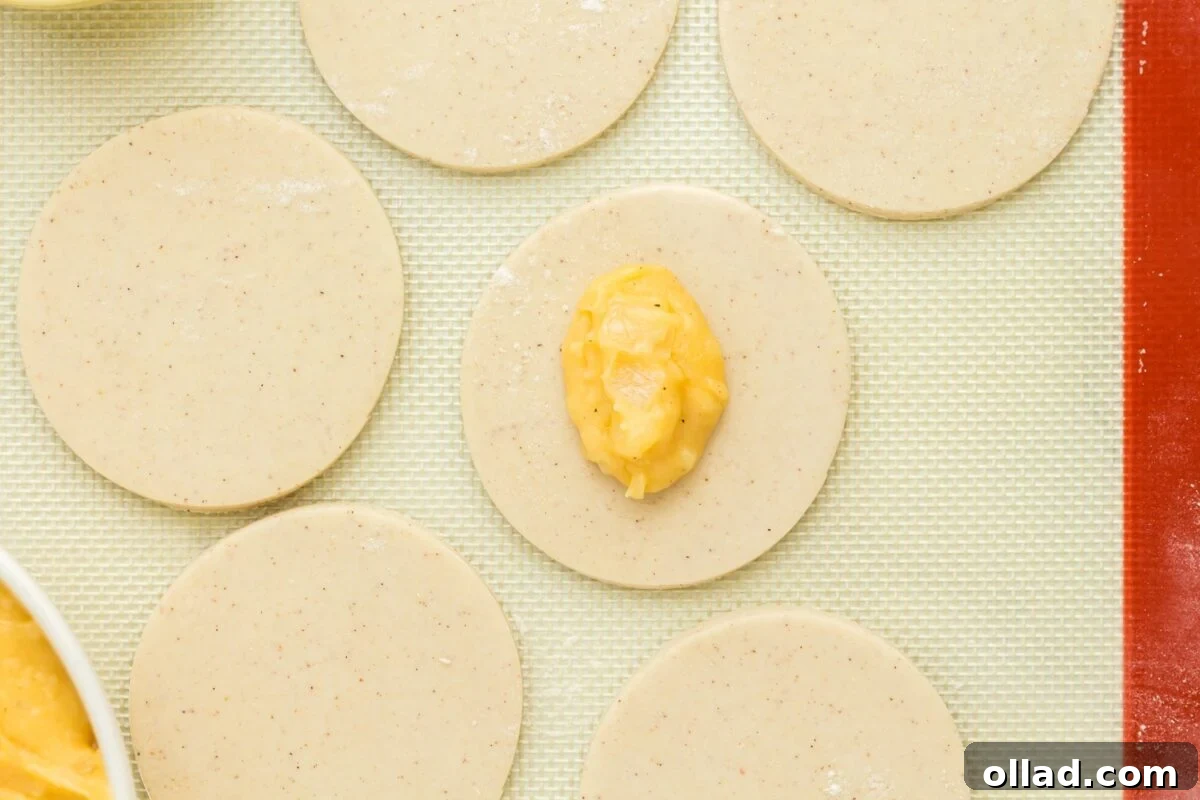 Delectable Gluten-Free Pierogi 18 Six freshly cut pierogi dough circles, each topped with a dollop of creamy filling, awaiting the folding process.