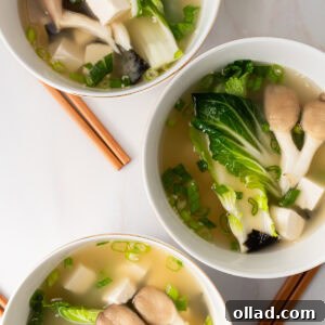 3 bowls of gluten free miso soup lined up vertically