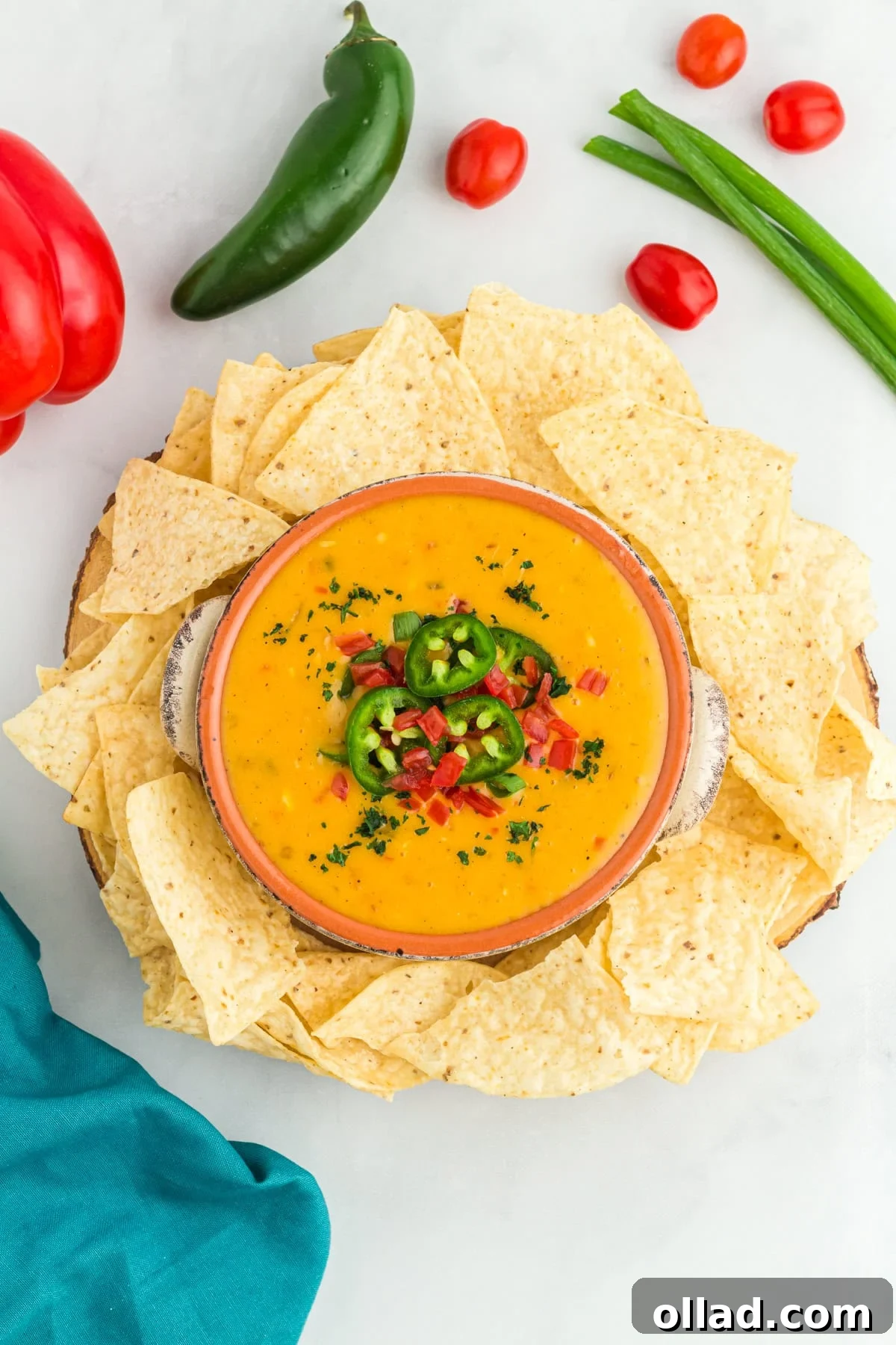 Rich vegan queso presented beautifully in a rustic terracotta bowl, surrounded by a generous scattering of crisp tortilla chips, ready for dipping.