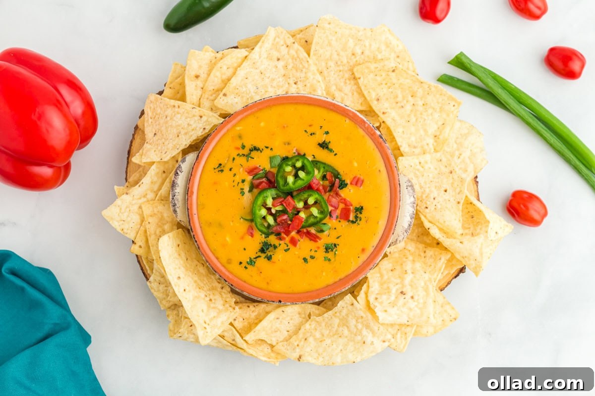 A bowl of vibrant vegan queso, beautifully topped with fresh jalapeños, diced red bell peppers, and chopped green onions, surrounded by crispy tortilla chips.