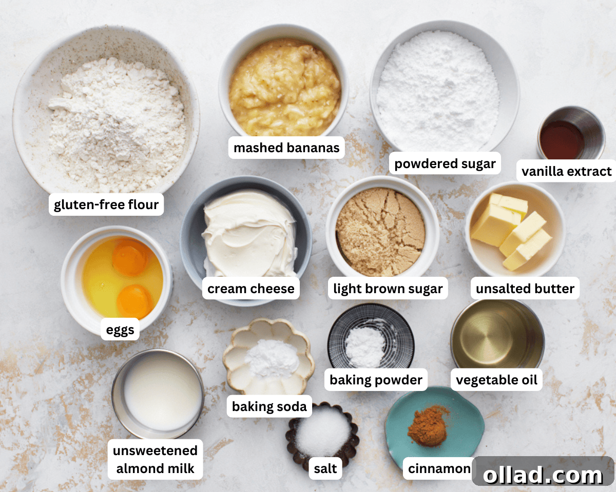 Irresistible Gluten-Free Banana Cake 4 overhead image of ingredients measured out and prepped for banana cake