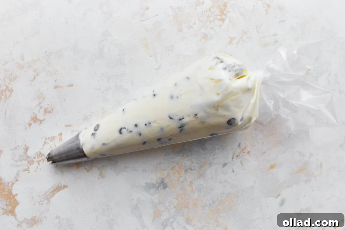 cannoli filling with chocolate chips in a piping bag with a piping tip resting on a light surface
