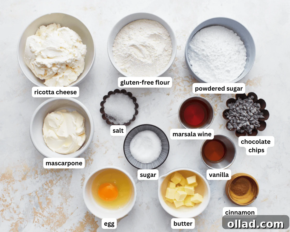 gluten-free cannoli ingredients laid out on a light surface