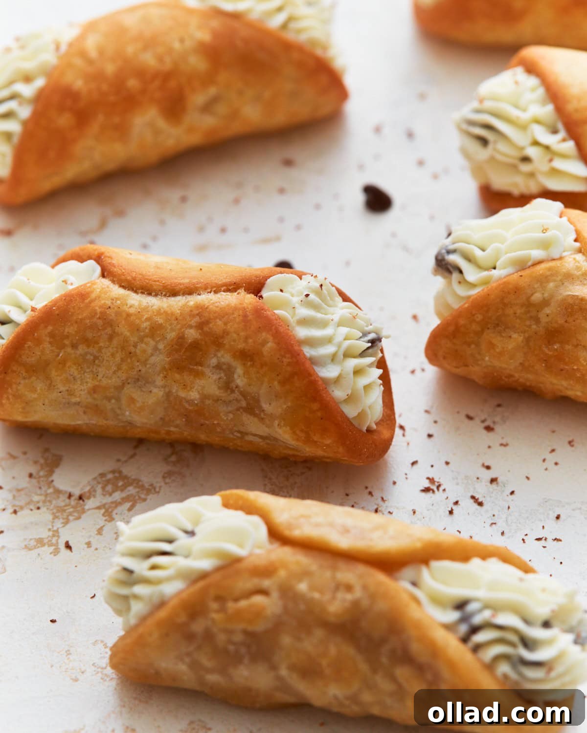 A close-up image of crispy, golden gluten-free cannoli shells filled with piped creamy ricotta filling, garnished with chocolate chips on a light-textured surface.