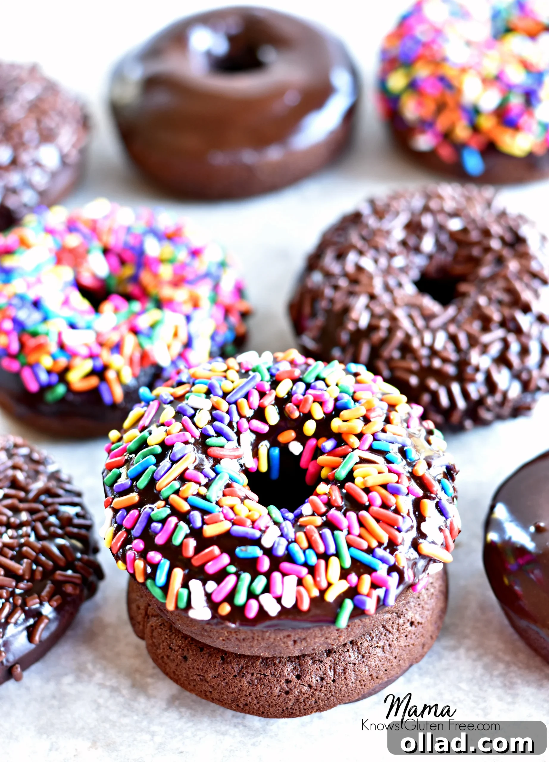 2 gluten-free baked chocolate donuts with sprinkles stacked on top of each other with more donuts in the background