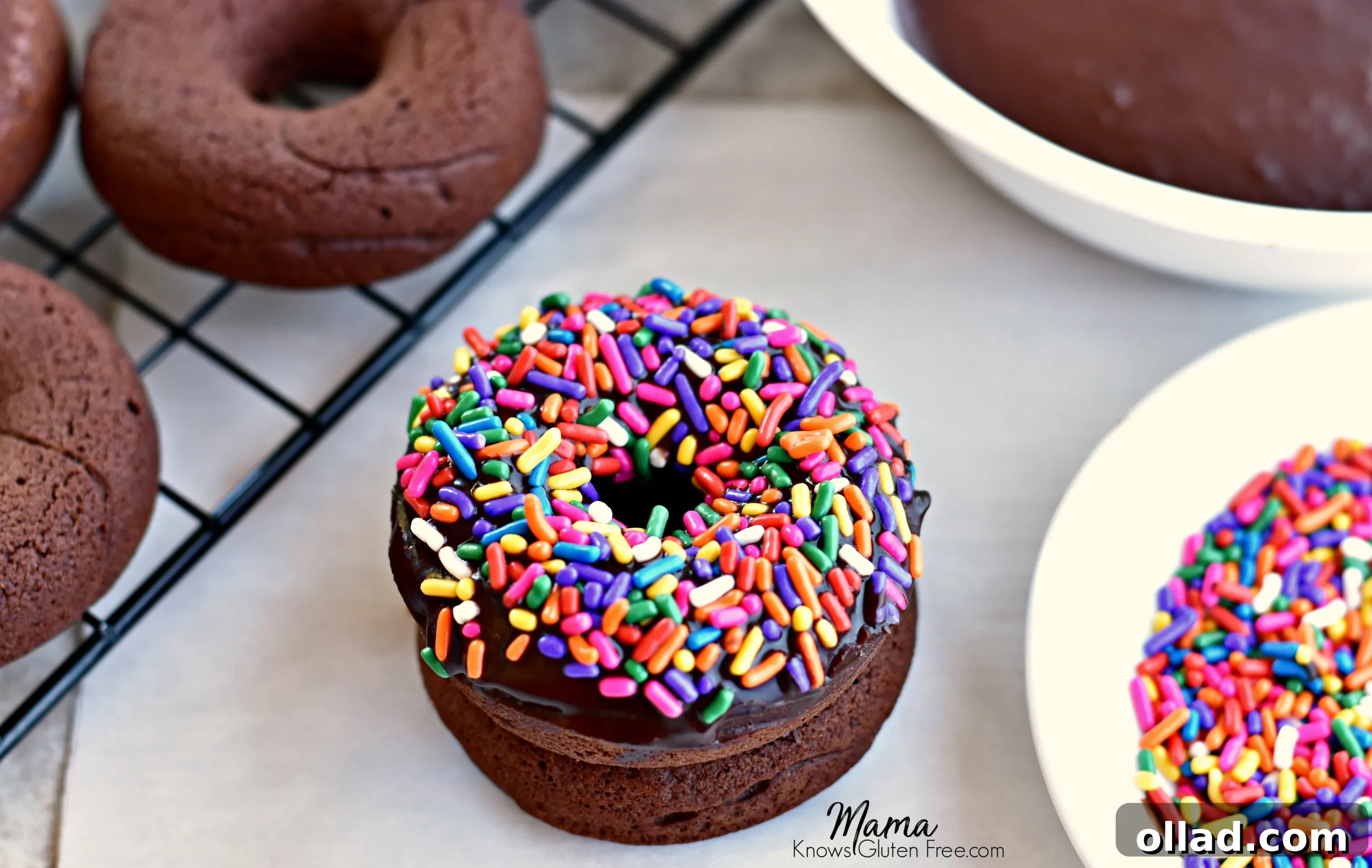 2 gluten-free baked chocolate donuts with sprinkles stacked on top of each other with a bowl of sprinkles, frosting and donuts on a cooling rack