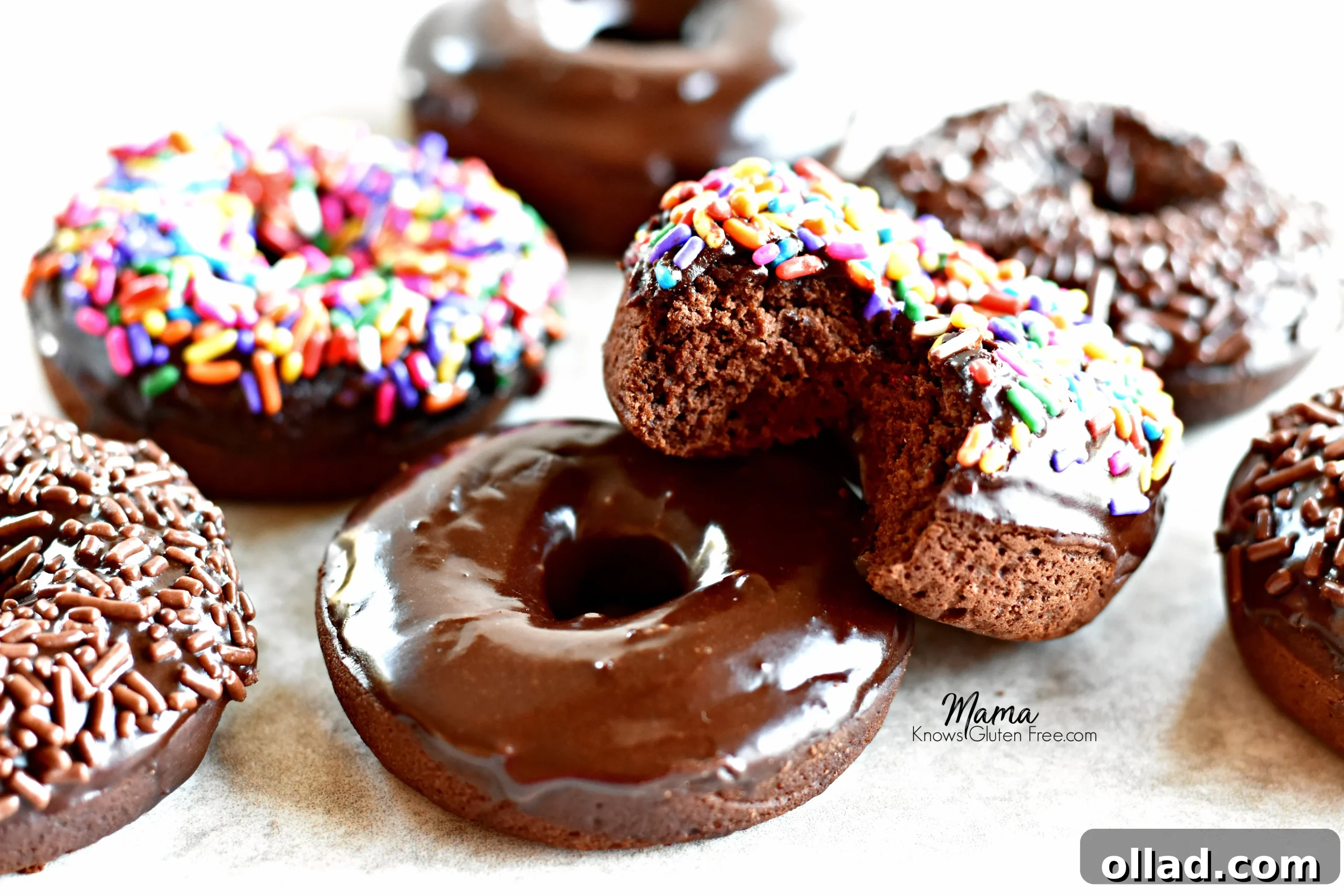 7 gluten-free baked chocolate donuts with one with a bite out of it to show the texture
