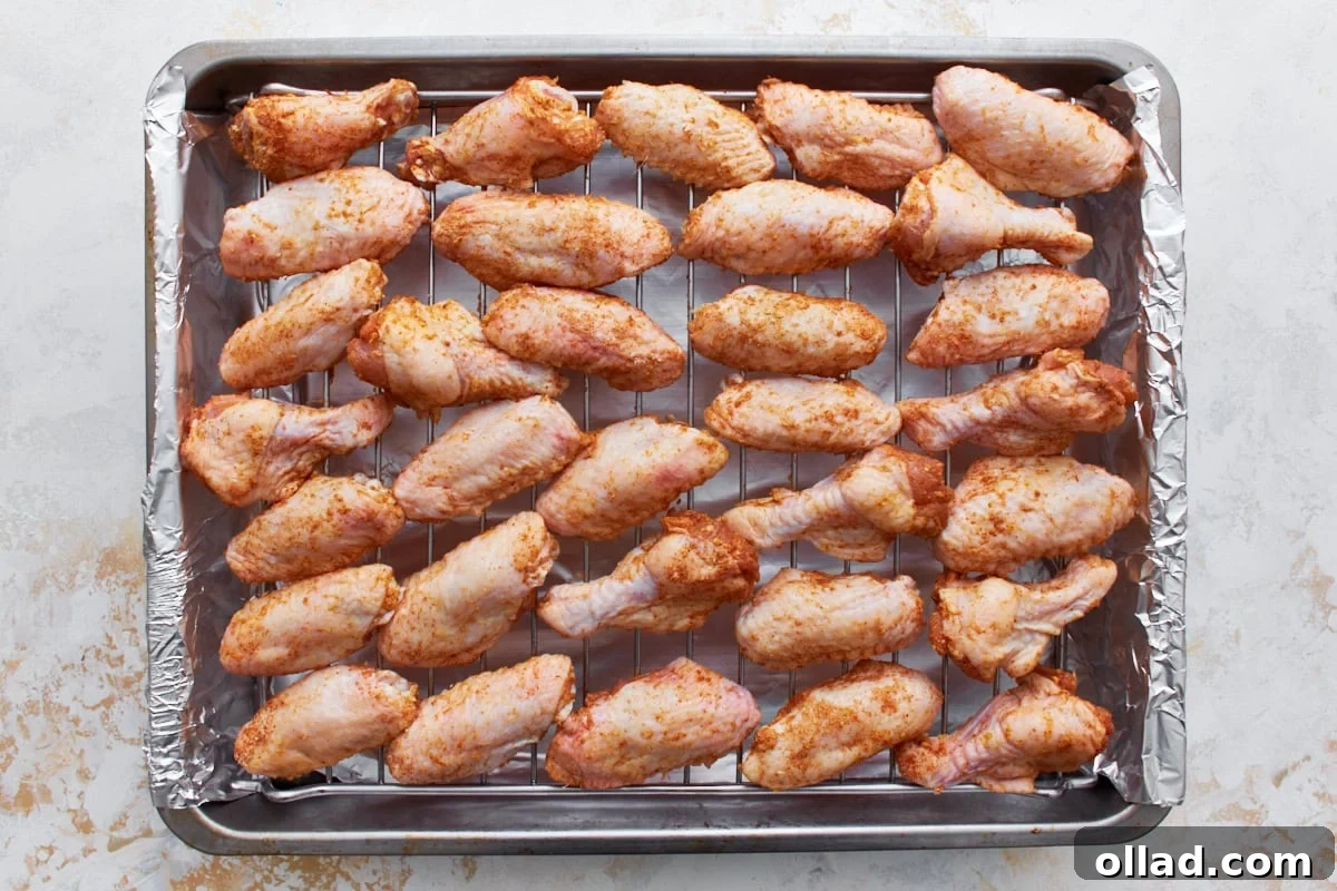 raw chicken wings coated in a dry rub lined up on a wire rack on top of a baking sheet