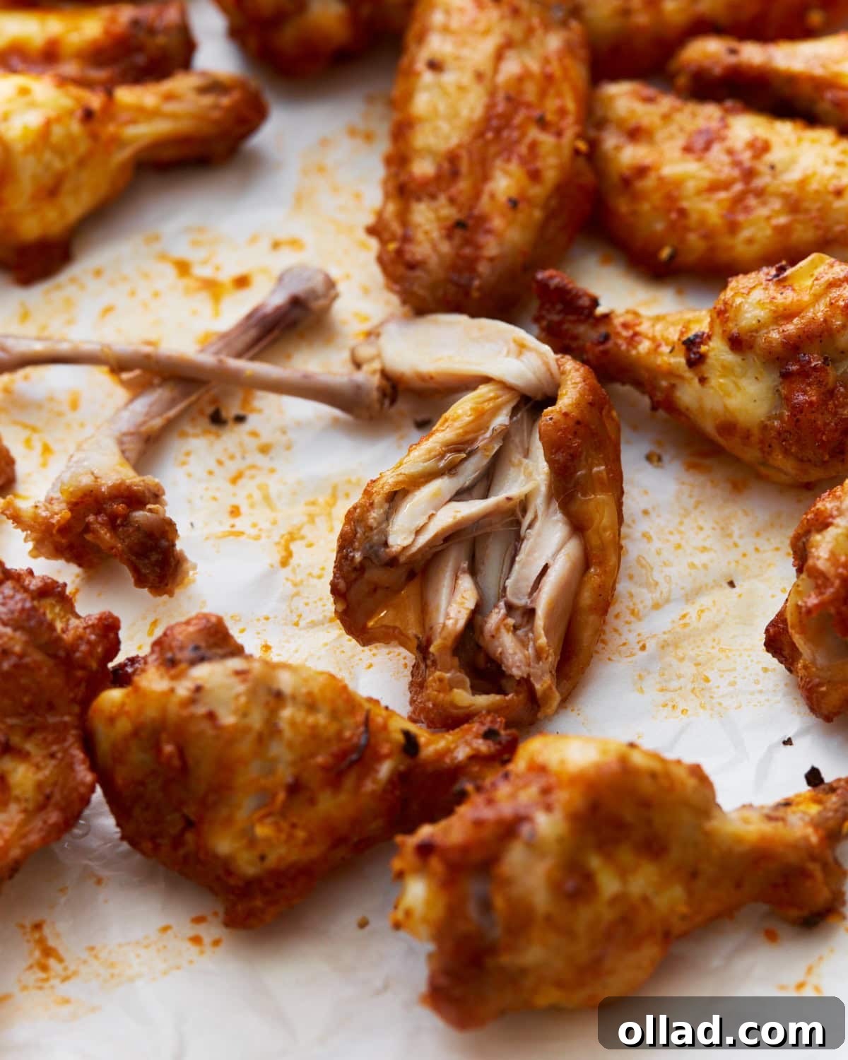 Close-up of crispy, golden-brown  gluten-free chicken wings on parchment paper, with one wing torn open to reveal tender, juicy meat inside. Light seasoning and oil drippings are visible on the surface.