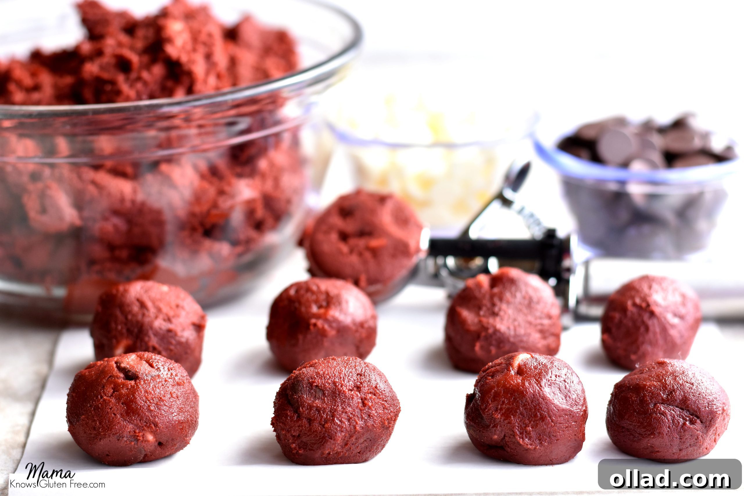Gluten-Free Dairy-Free Red Velvet Chocolate Chip Cookies 3 Gluten-free red velvet cookie dough balls ready for baking