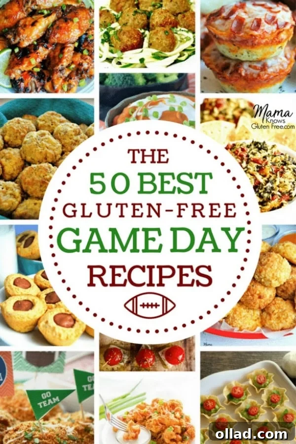 Gluten-Free Game Day Victory Bites 2 collage of 12 gluten-free appetizers with a white circle in the center with the best 50 gluten-free game day recipes on it