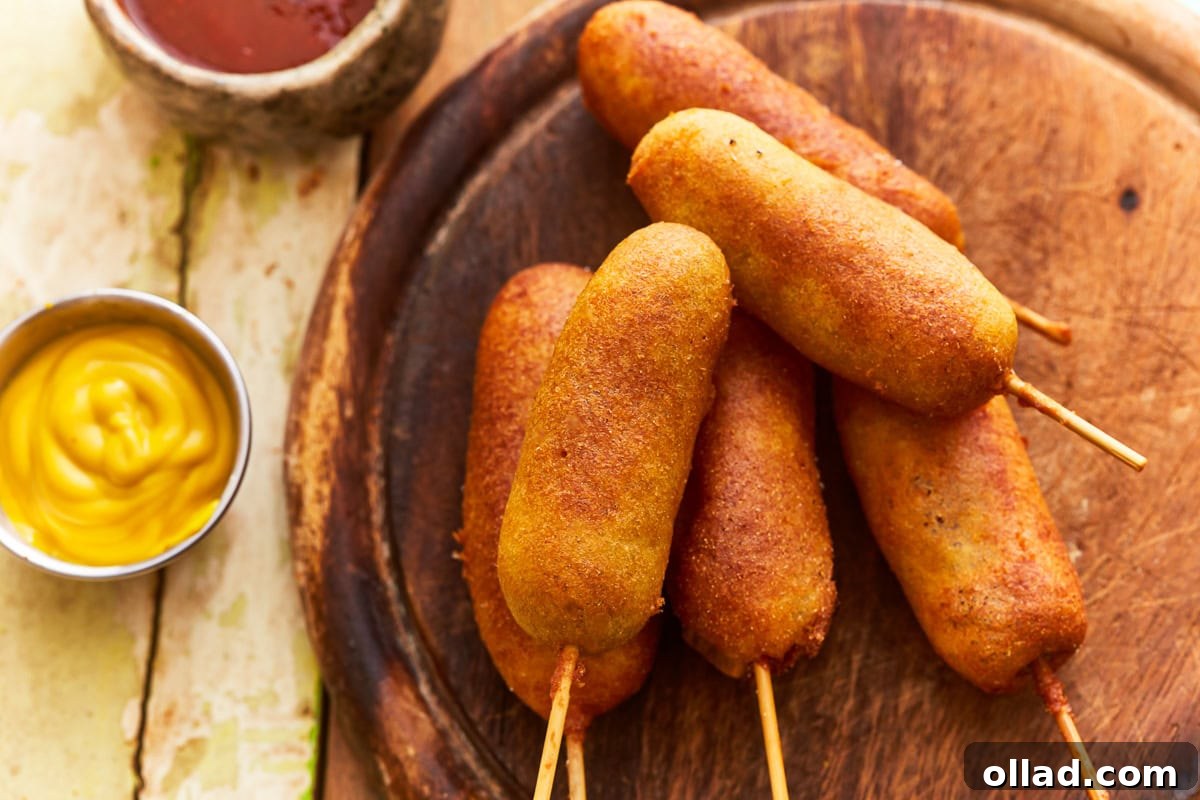 Gluten-Free Game Day Victory Bites 5 overhead view of gluten-free corn dogs on a wood plate.