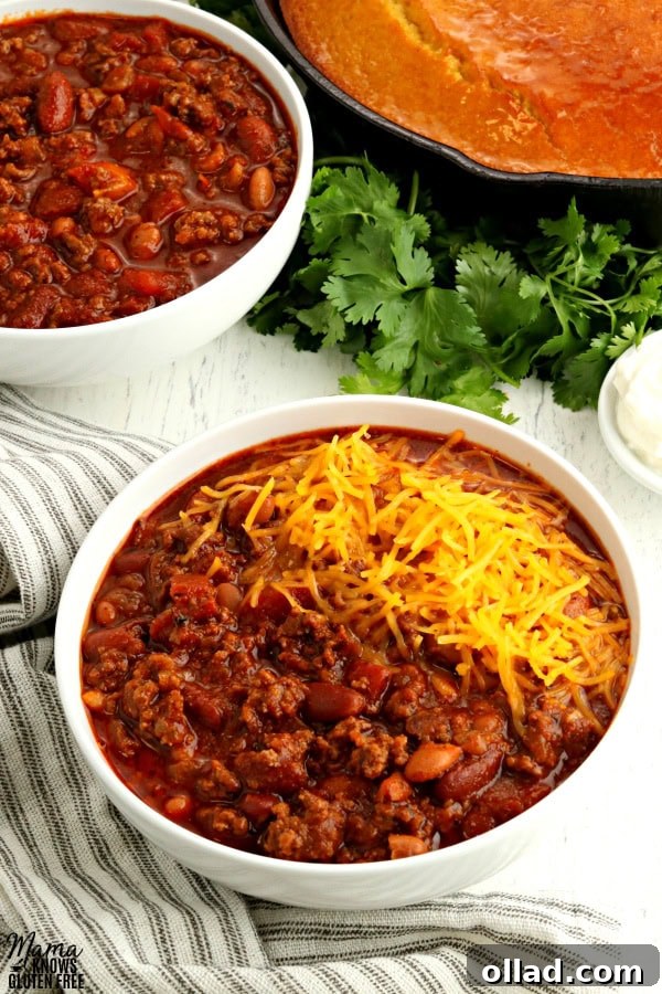 Gluten-Free Game Day Victory Bites 6 2 bowls of gluten-free chili with cornbread and clintro in the background
