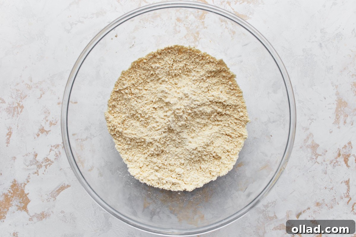 A mixing bowl containing dry chickpea flour, ready for the next steps of the farinata recipe.