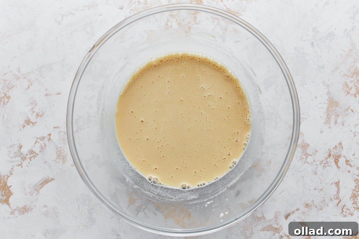 A bowl of smoothly mixed chickpea flour batter, illustrating the ideal creamy consistency for farinata.