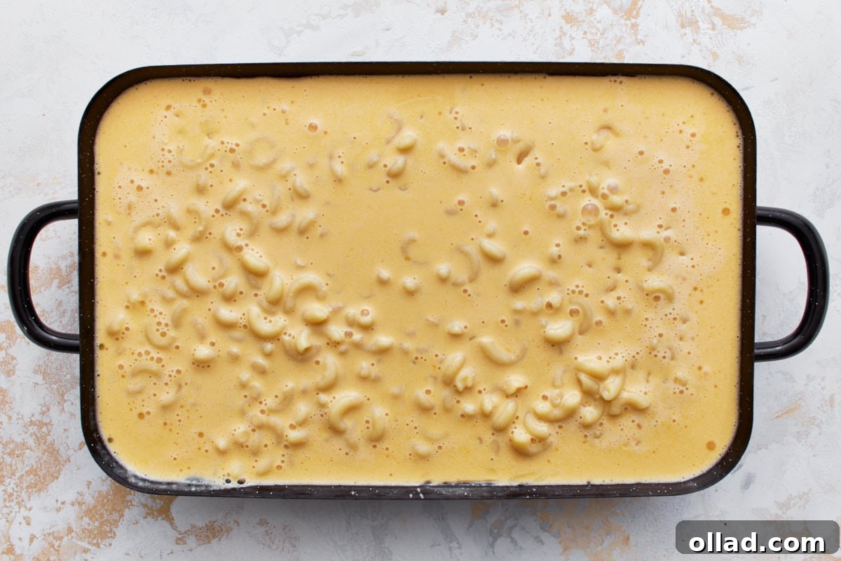 Gluten-free macaroni and cheese mixture in a black baking dish with a smooth cheese sauce on top.
