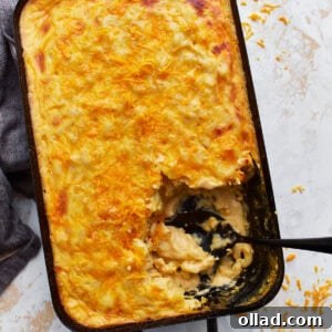 A casserole dish of baked gluten-free macaroni and cheese with a golden, cheesy crust on top. A serving has been scooped out, revealing creamy, cheesy pasta underneath. A black spoon rests in the dish, and shredded cheese is scattered around on a light surface.
