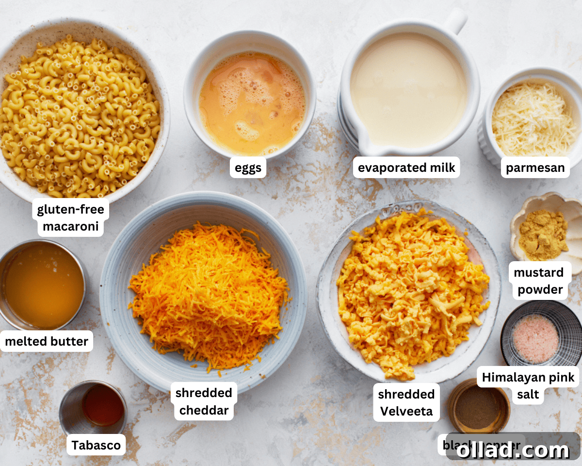 Gluten-free macaroni and cheese ingredients laid out on a clean surface.
