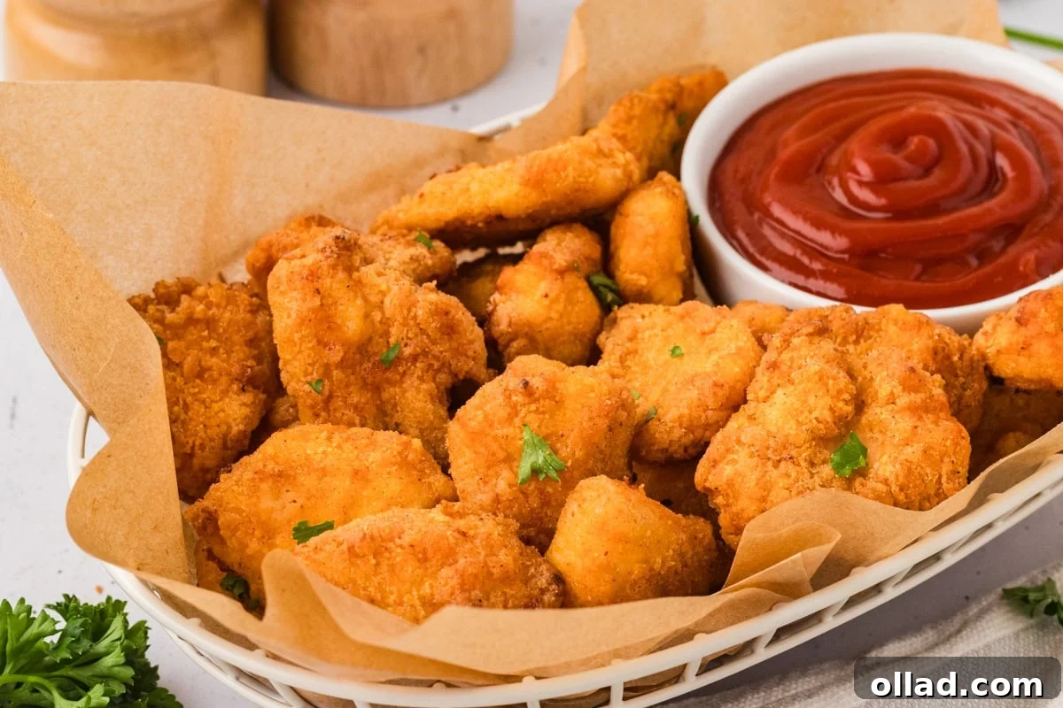 Basket of baked gluten-free chicken nuggets lined with parchment paper, served with ketchup, ready to eat.