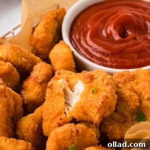 Close-up of crispy gluten-free chicken nuggets in a basket with parchment paper, served with a bowl of ketchup for dipping. One nugget is broken open to show the juicy inside.