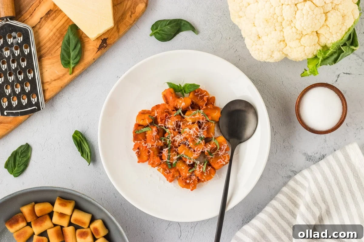 Pillowy Homemade Cauliflower Gnocchi 14 A pristine white plate showcases golden-brown, crispy cauliflower gnocchi generously coated in a rich tomato sauce, elegantly garnished with vibrant fresh basil and a sprinkle of grated cheese. The setting is completed with a block of Parmesan, additional fresh basil, and a full head of cauliflower, highlighting the dish's fresh and wholesome ingredients.