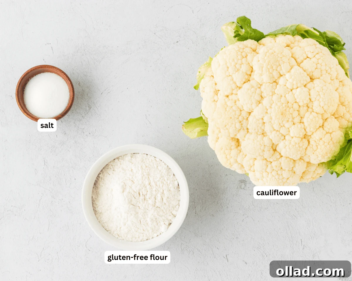 Pillowy Homemade Cauliflower Gnocchi 4 A vibrant selection of homemade cauliflower gnocchi ingredients laid out, including fresh cauliflower florets, a measuring cup of gluten-free all-purpose flour, and a small bowl of salt, all essential for crafting this simple and delicious dish.