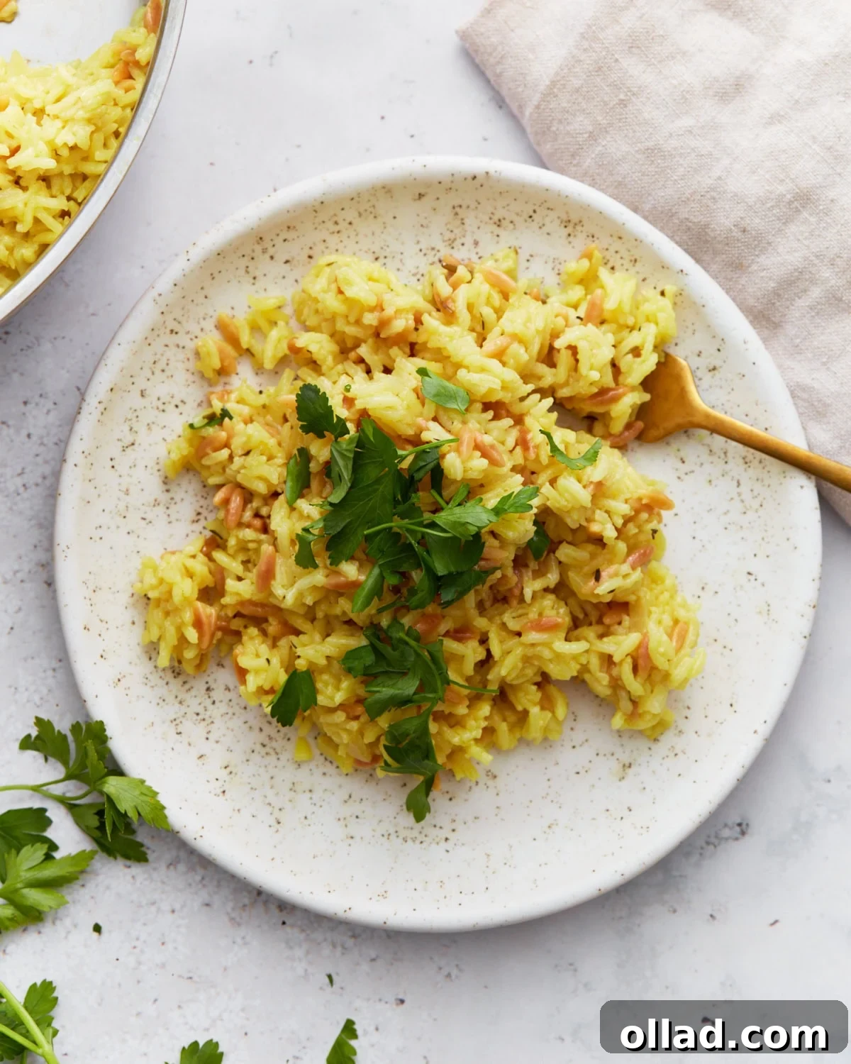 Flavorful Gluten-Free Rice Pilaf 2 A serving of golden gluten-free rice pilaf garnished with chopped parsley on a speckled white plate with a gold fork.