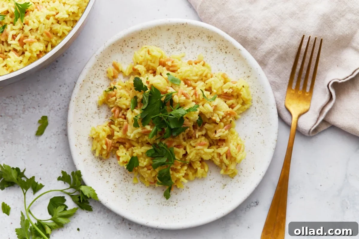 Flavorful Gluten-Free Rice Pilaf 12 A close-up of a serving of gluten-free rice pilaf on a white plate, sprinkled with parsley and set beside a gold fork.