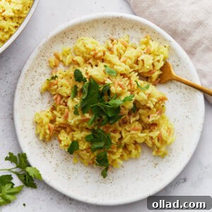 A serving of golden gluten-free rice pilaf garnished with chopped parsley on a speckled white plate with a gold fork.