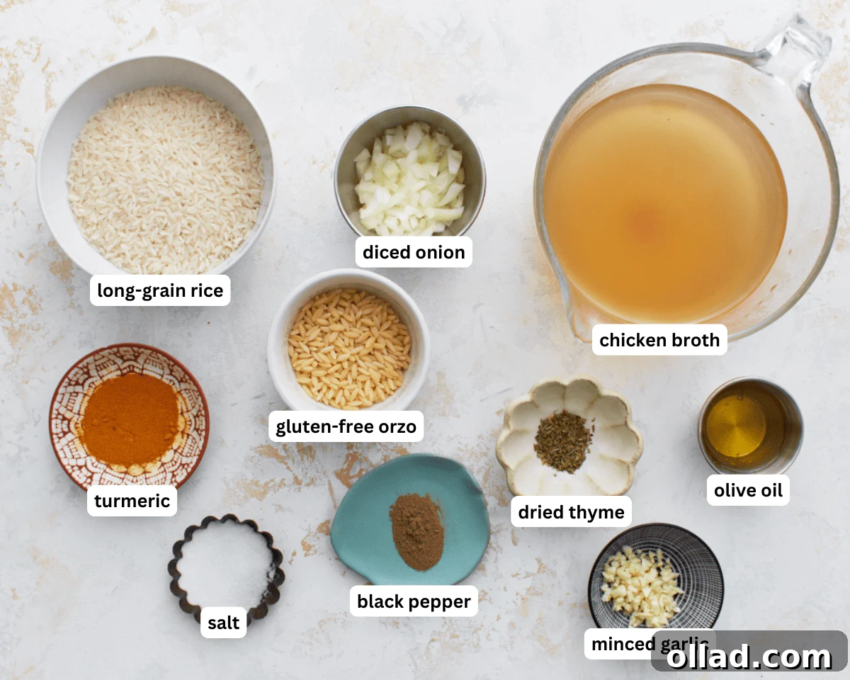 Flavorful Gluten-Free Rice Pilaf 4 Assortment of fresh ingredients for gluten-free rice pilaf laid out on a clean surface: rice, olive oil, gluten-free orzo, diced onion, minced garlic, broth, and spices.