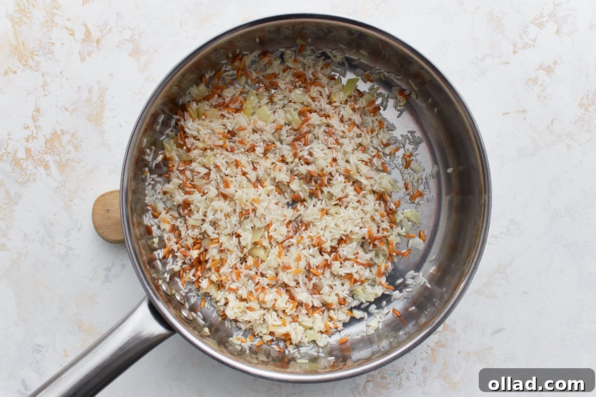 Flavorful Gluten-Free Rice Pilaf 8 Rinsed long-grain rice stirred into the pan with toasted orzo and sautéed onions.