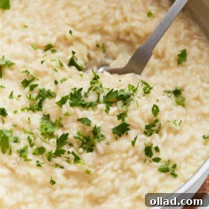 Creamy Gluten-Free Risotto 3 Creamy gluten-free risotto in a pan topped with chopped fresh parsley, with a serving spoon scooping from the center.