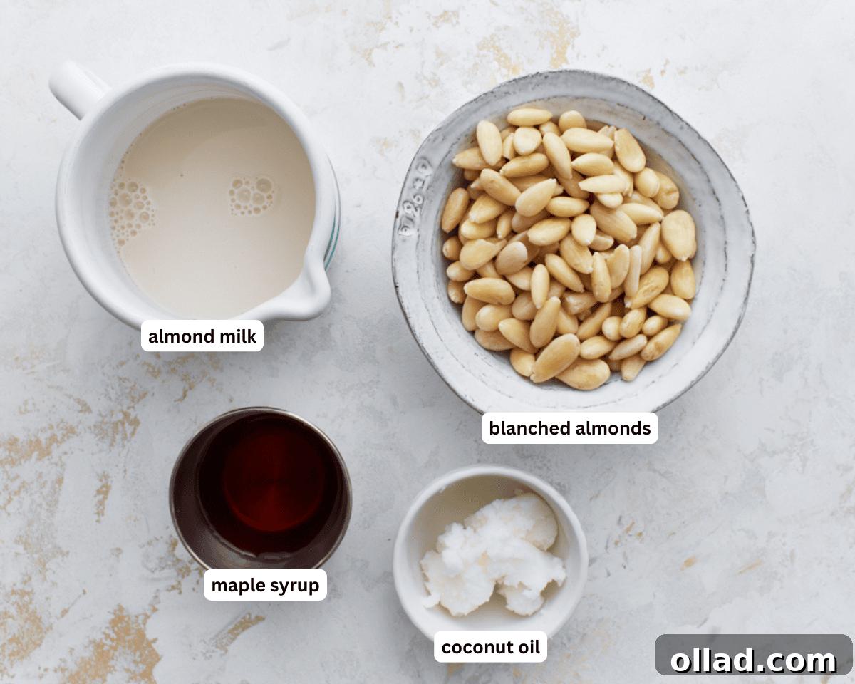 Assortment of fresh ingredients for almond milk ice cream: blanched almonds, unsweetened almond milk, maple syrup, and coconut oil.