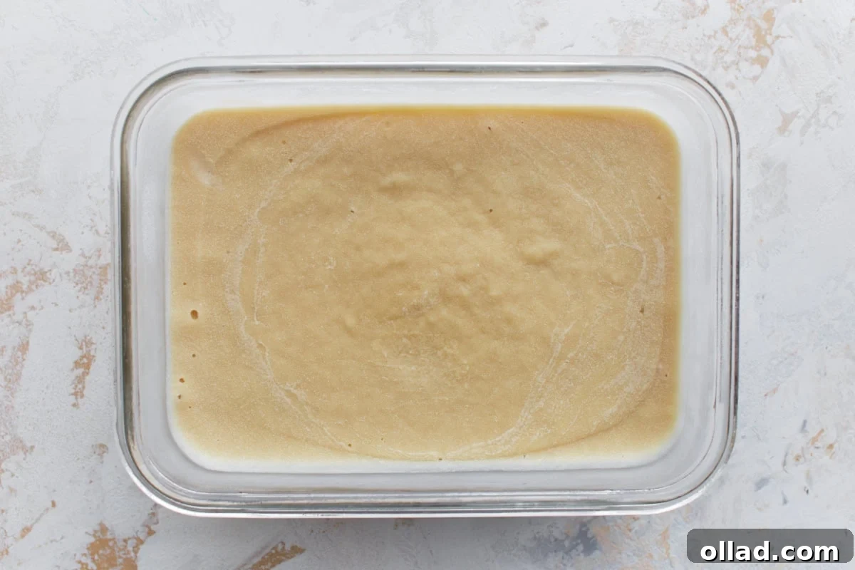 Frozen almond milk ice cream in a glass container, perfectly set and smooth after freezing overnight.