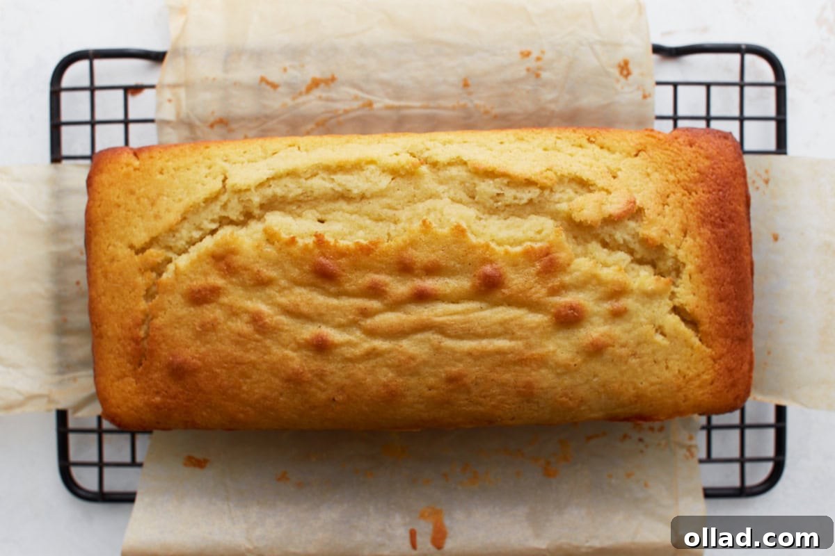 Gluten-Free Zesty Lemon Glaze Loaf 9 Baked lemon loaf cooling on a wire rack with parchment paper underneath.