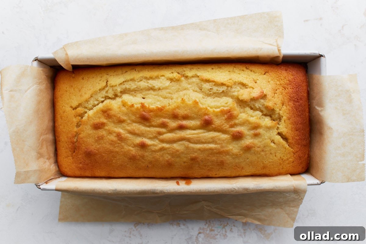 Gluten-Free Zesty Lemon Glaze Loaf 8 Freshly baked lemon loaf in the loaf pan with a golden brown top.