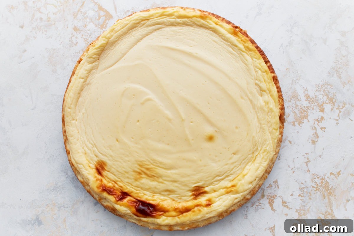 Whole baked keto cheesecake with a lightly golden edge and a smooth, creamy surface, resting on a white background.